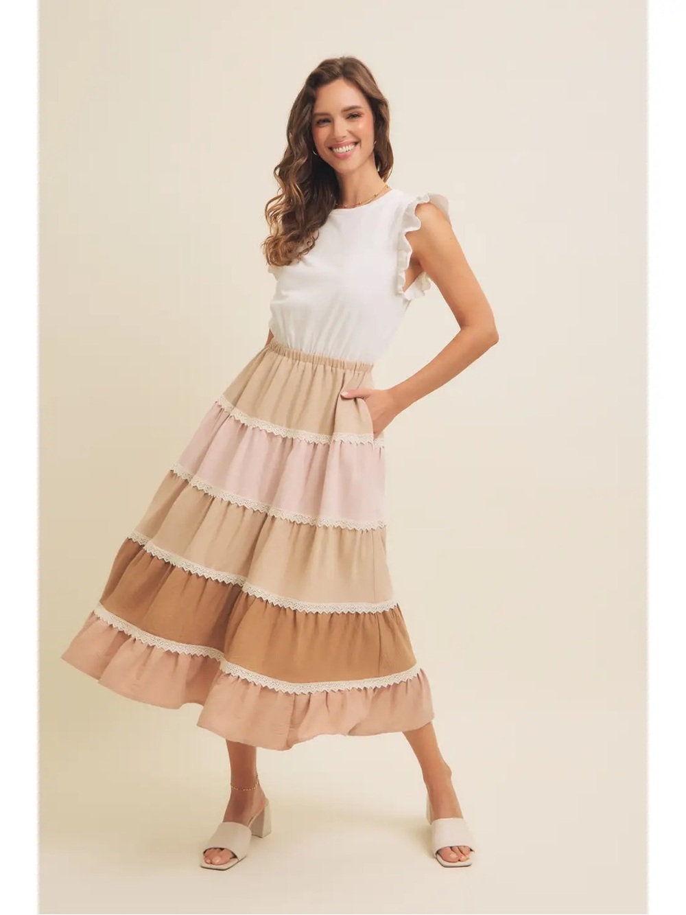 (208) Vanilla Latte Tiered Color-Block Lace Ruffle Midi Dress - L - NWT - Picture 1 of 4